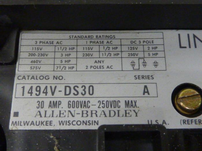 Used ALLEN BRADLEY 30 Amp Disconnect Switch 1494V-DS30 SER A #57434