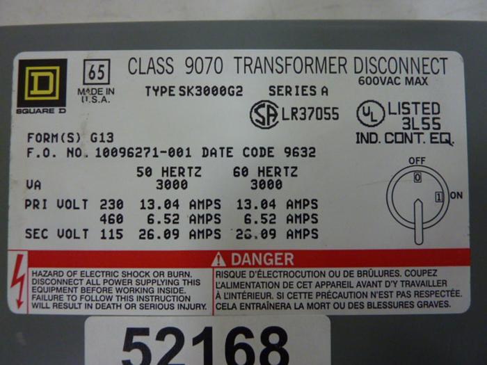 Used SQUARE D Transformer Disconnect 9070-SK3000G2 #52168