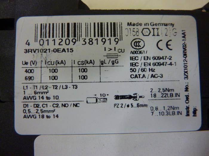 Used SIEMENS 0.4 Amp Circuit Breaker 3RV1021-0EA15 #50122