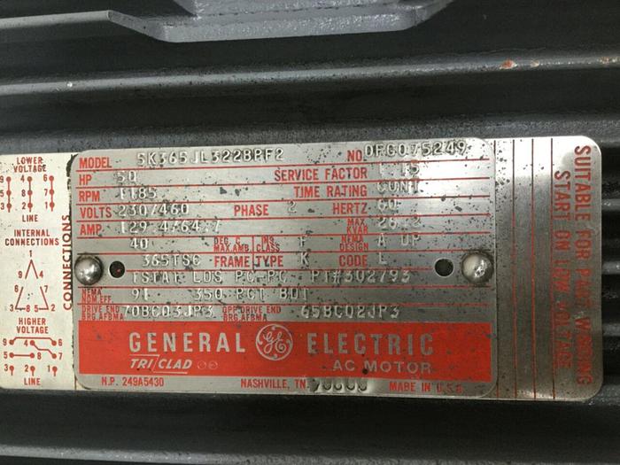 Used GENERAL ELECTRIC 50 HP AC Motor 5K365JL322BPF2 Used