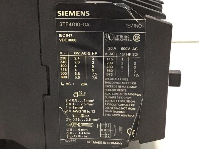 Used SIEMENS Contactor 3TF4010-0A #123993