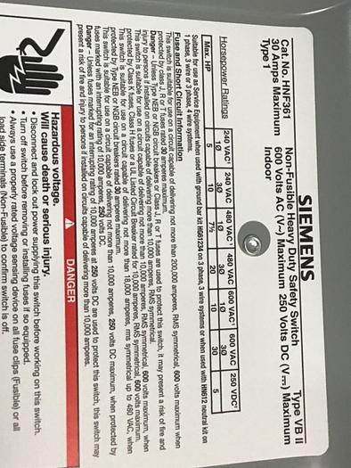 Used SIEMENS 30 Amp Safety Disconnect Switch HNF361 VBII #137848