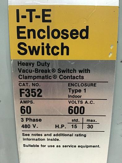Used SIEMENS 60 Amp Safety Disconnect Switch F352 #130003