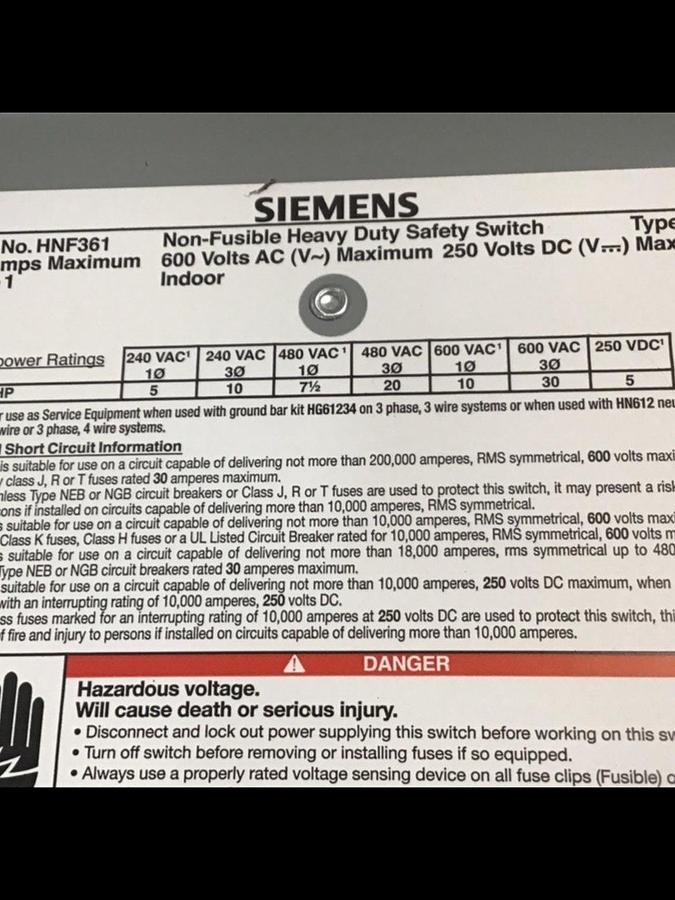 Used SIEMENS 30 Amp Safety Disconnect Switch HNF361 VBII USED