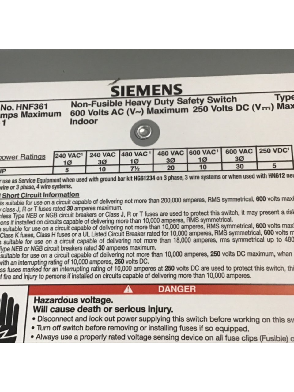 Used SIEMENS 30 Amp Safety Disconnect Switch HNF361 VBII USED