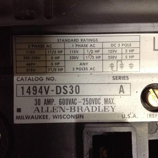 Used ALLEN BRADLEY 30 Amp Disconnect Switch 1494V-DS30 SER A #89412