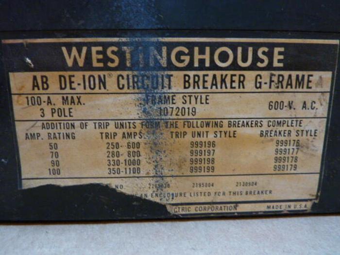 Used WESTINGHOUSE 90 Amp Circuit Breaker 1072019 #28396