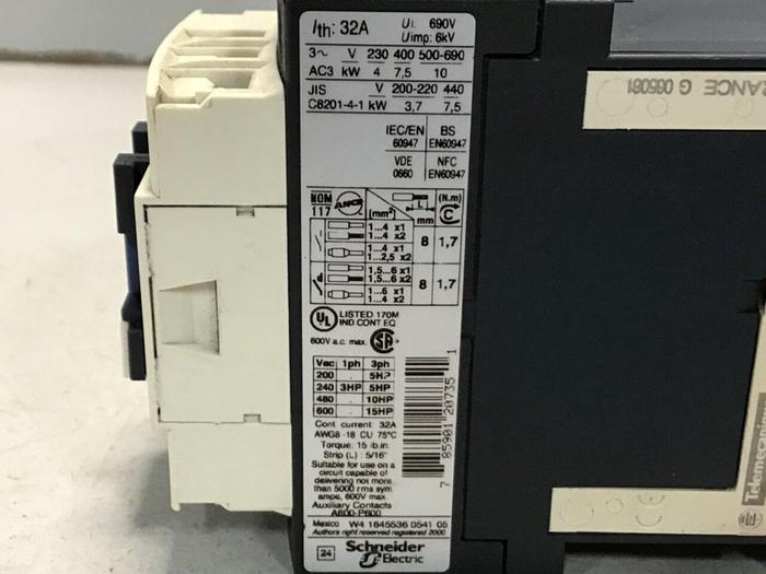 Used SCHNEIDER ELECTRIC Contactor LC1D18BL #124120