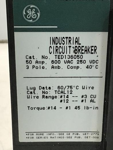 Used GE 50 Amp Breaker TED136050 / DISCONNECT #136683