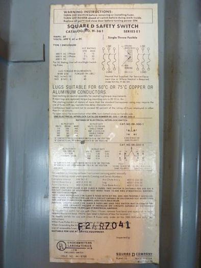 Used SQUARE D 30 Amp Safety Disconnect Switch H361 E1 Used