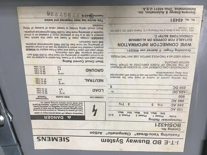 Used ITE SIEMENS BD Bus Disconnect Switch BOS14321 #120400