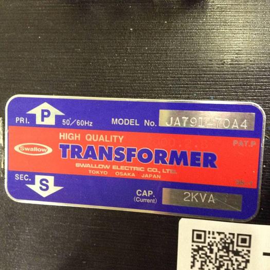 Used SWALLOW ELECTRIC CO. 2 kVA Transformer JA791470A4 #73005