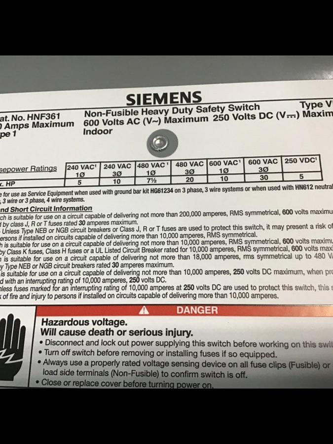 Used SIEMENS 30 Amp Safety Disconnect Switch HNF361 VBII USED