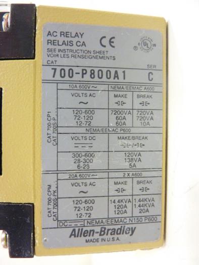 Used ALLEN BRADLEY AC Relay 700-P800A1 SER C #45851
