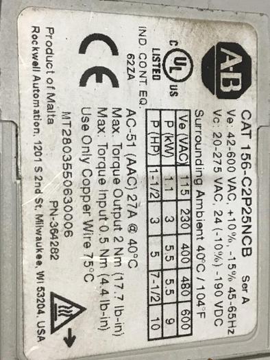 Used ALLEN BRADLEY Contactor 156-C2P25NCB SER A #134238