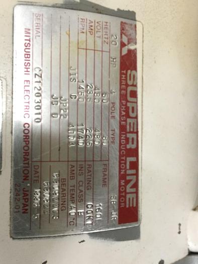 Used MITSUBISHI 20 HP Induction Motor SB-JR 20 HP #116905