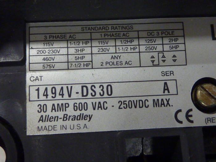 Used ALLEN BRADLEY 30 Amp Disconnect Switch 1494V-DS30 SER A #57433