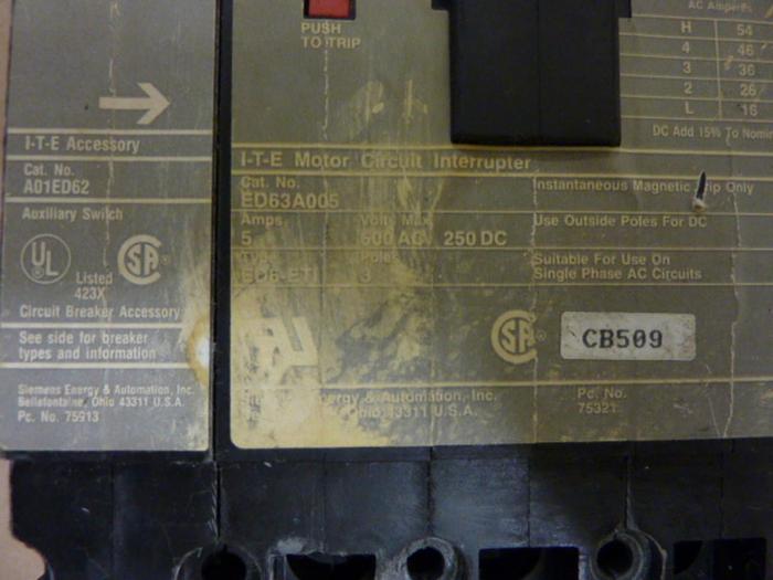 Used SIEMENS 5 Amp Circuit Breaker ED63A005 #57870