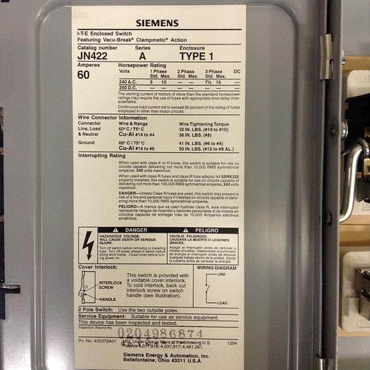 Used SIEMENS 60 Amp I-T-E Disconnect Switch JN422 #75453