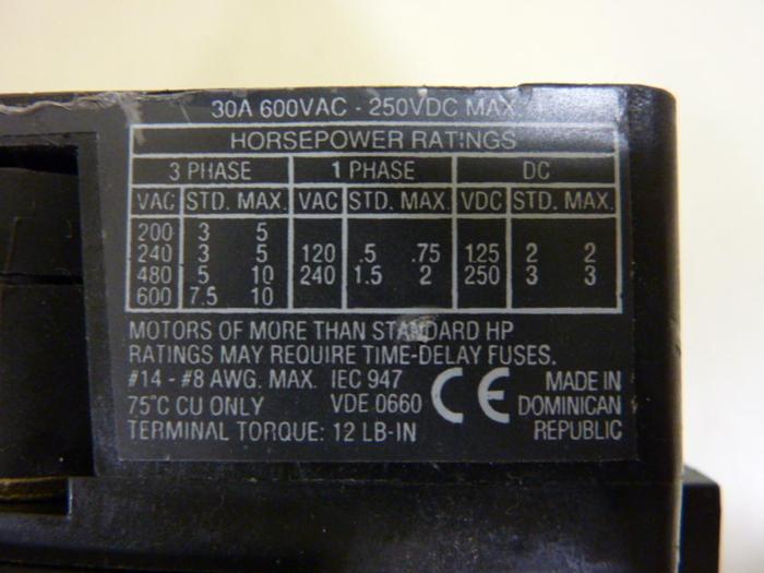 Used ALLEN BRADLEY 30 Amp Disconnect Switch 194R-NC030P3 SER B #51974