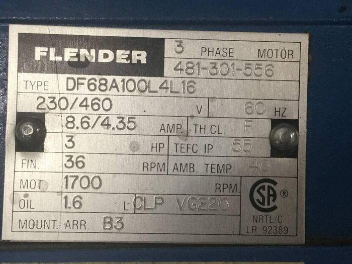 Used FLENDER 3 HP Gearmotor DF68A100L4L16 Used