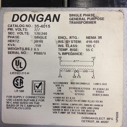 Used DONGAN 0.150 kVA Transformer 35-4015 #74359