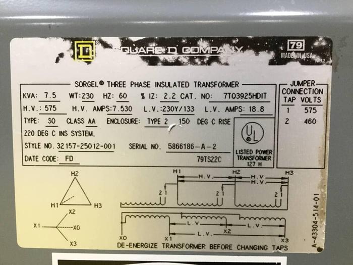Used SQUARE D 7.5 kVA Transformer 7TQ3925HDIT Used