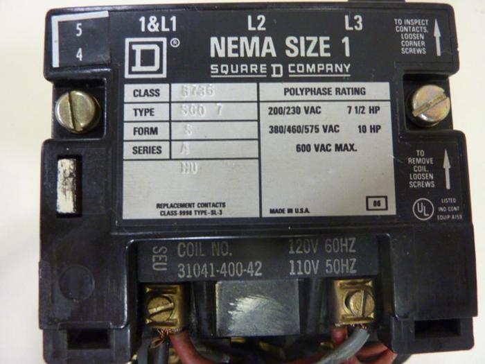 Used SQUARE D Motor Starter Size 1 8736-SC07 #46803