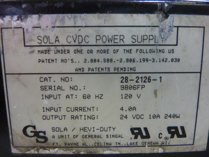 Used SOLA ELECTRIC CVDC Power Supply 28-2126-1 #63480
