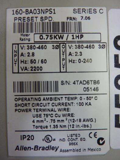 Used ALLEN BRADLEY Speed Controller 160-BA03NPS1 SER C #55853