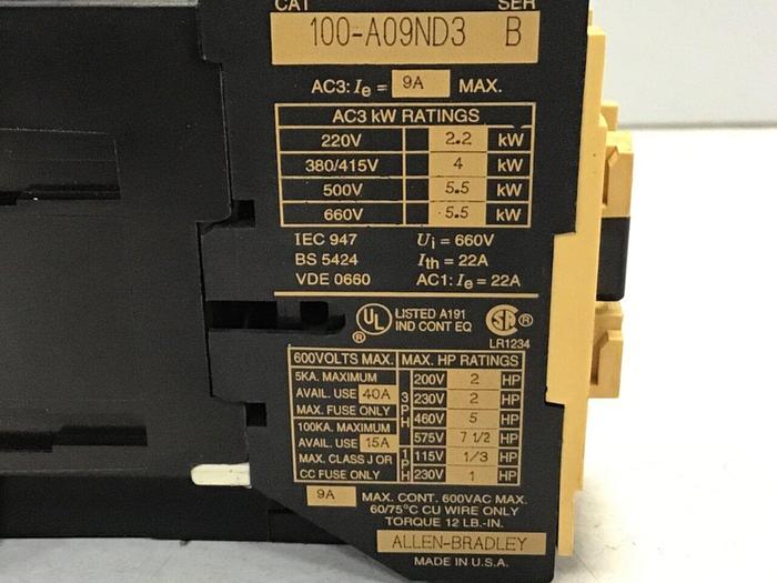 Used ALLEN BRADLEY Contactor 100-A09ND3 SER B #120822