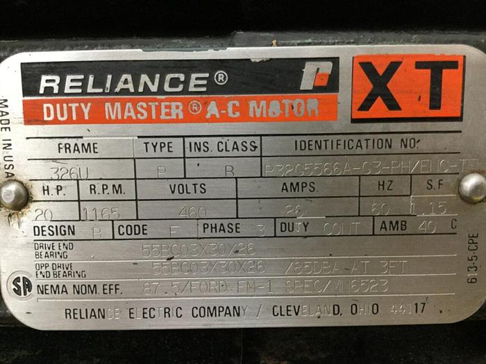Used RELIANCE ELECTRIC 20 HP Motor P32G556A-G3-PH/ENC-TE Used