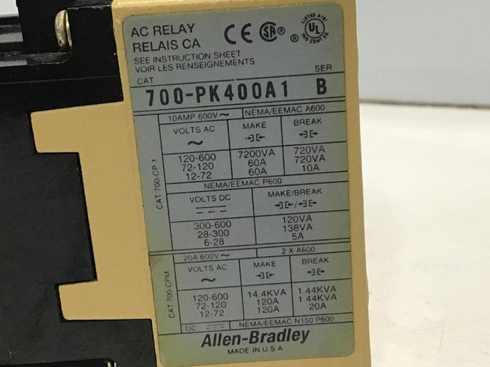 Used ALLEN BRADLEY Master Control AC Relay 700-PK400A1 SER B #113700