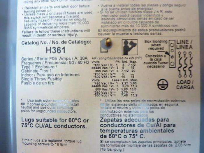 Used SQUARE D 30 Amp Safety Disconnect Switch H361 E1 Used