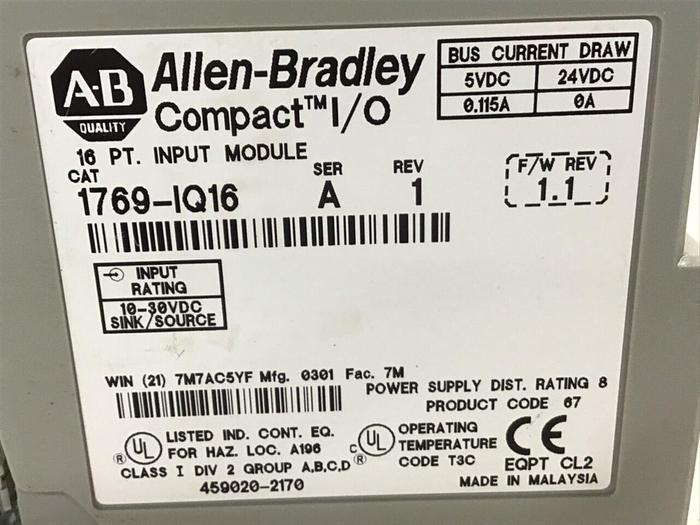 Used ALLEN BRADLEY Input Module 1769-IQ16 SER A Used