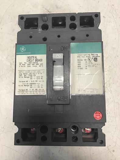 Used GE 70 Amp Circuit Breaker TED136070 / DISCONNECT #143505