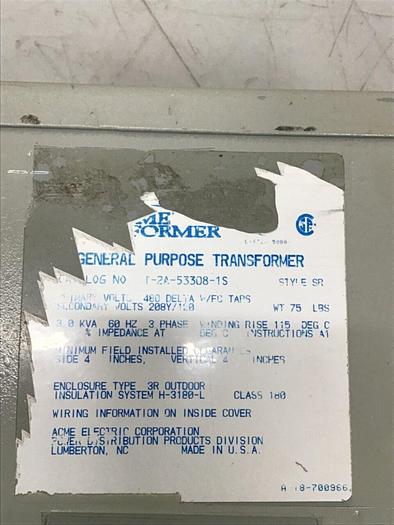 Used ACME 3 kVA Transformer T-2A-53308-1S #117901