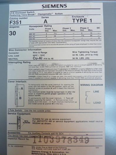 Used SIEMENS 30 Amp Disconnect Switch F351 #41593