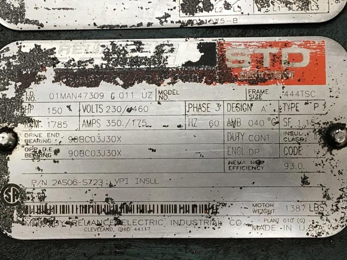 Used RELIANCE ELECTRIC 150 HP Motor 01MAN47309 G011 UZ Used