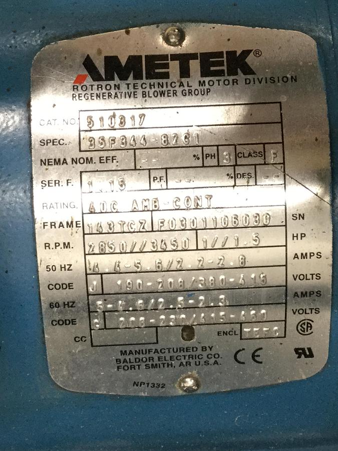 Used NOVATEC RRB Vacuum Regenerative Blower w/ Loader Controller Used