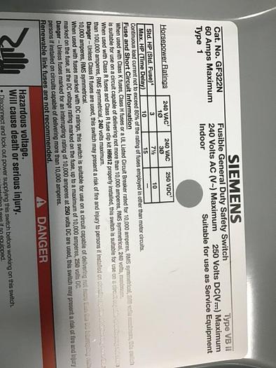 Used SIEMENS General Duty Safety Disconnect Switch GF322N VBII #137859