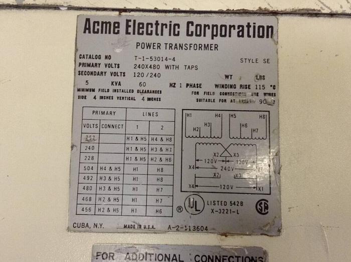 Used ACME ELECTRIC 5 kVA Power Transformer T-1-53014-4 #84142