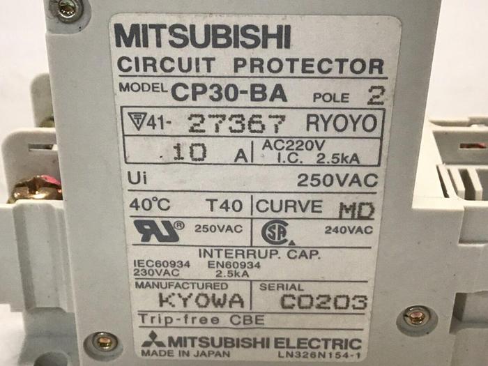 Used MITSUBISHI 10 Amp Circuit Protector CP30-BA-2P-10A #119643