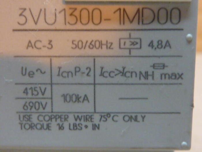 Used SIEMENS Starter Motor Protector 3VU1300-1MD00 #34741