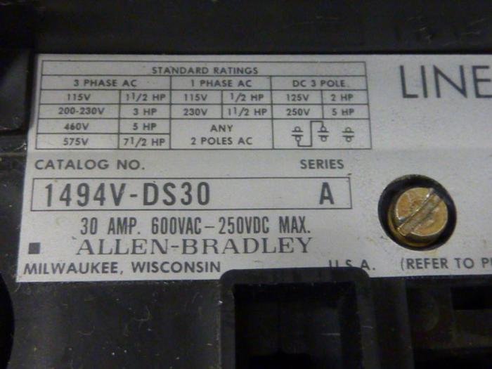 Used ALLEN BRADLEY 30 Amp Disconnect Switch 1494V-DS30 SER A #57423