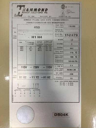 Used HAMMOND 12 kVA Transformer 152379 #90987