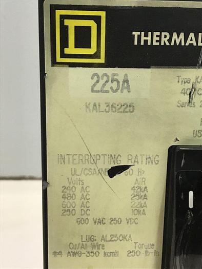 Used SQUARE D 225 Amp Circuit Breaker KAL36225 Used