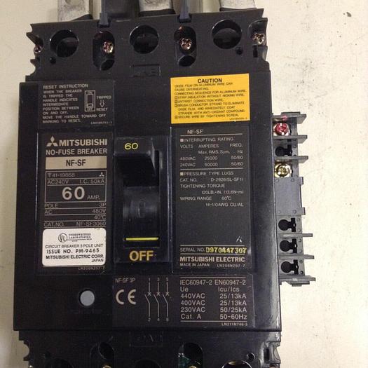 Used MITSUBISHI 60 Amp Circuit Breaker NF-SF3060 #72703