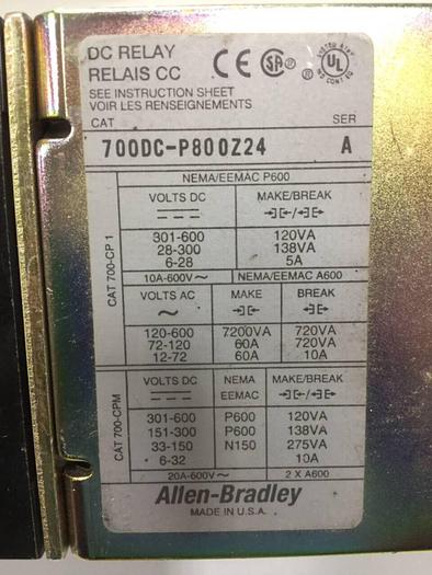 Used ALLEN BRADLEY Relay 700DC-P800Z24 #92919