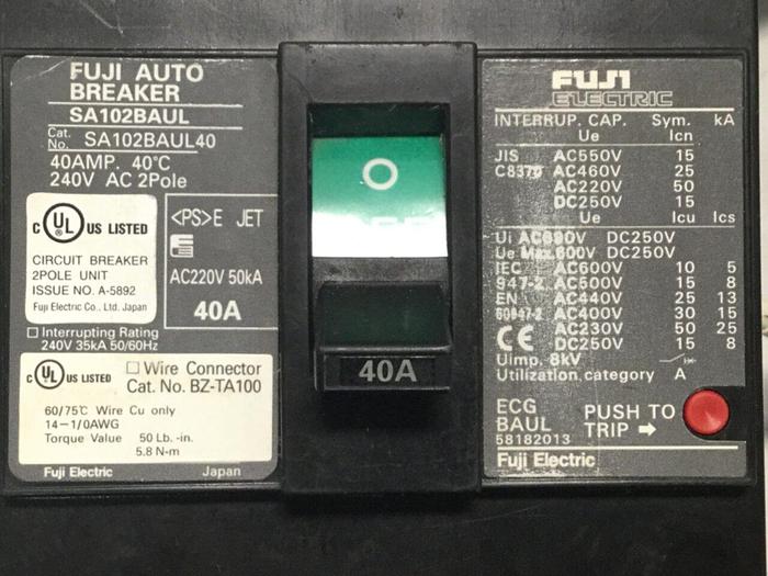 Used FUJI ELECTRIC 40 Amp Circuit Breaker SA102BAUL40 #104219